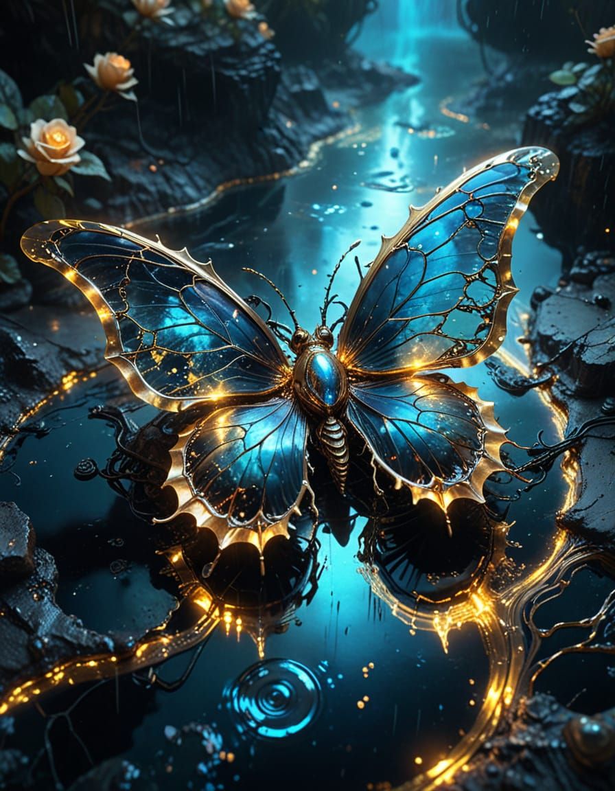 Surreal Hyperrealistic Masterpiece: Glowing Golden Rose Bloo...