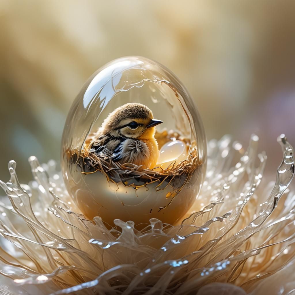 Dreamy Baby Bird in Glass Egg, Magical Realism