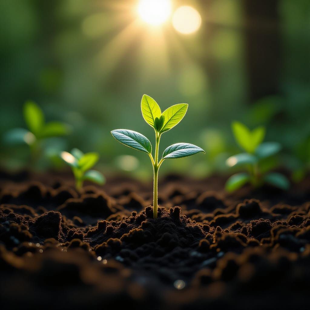 Emergent Seedling in Forest Sunlight, Botanical Art Style