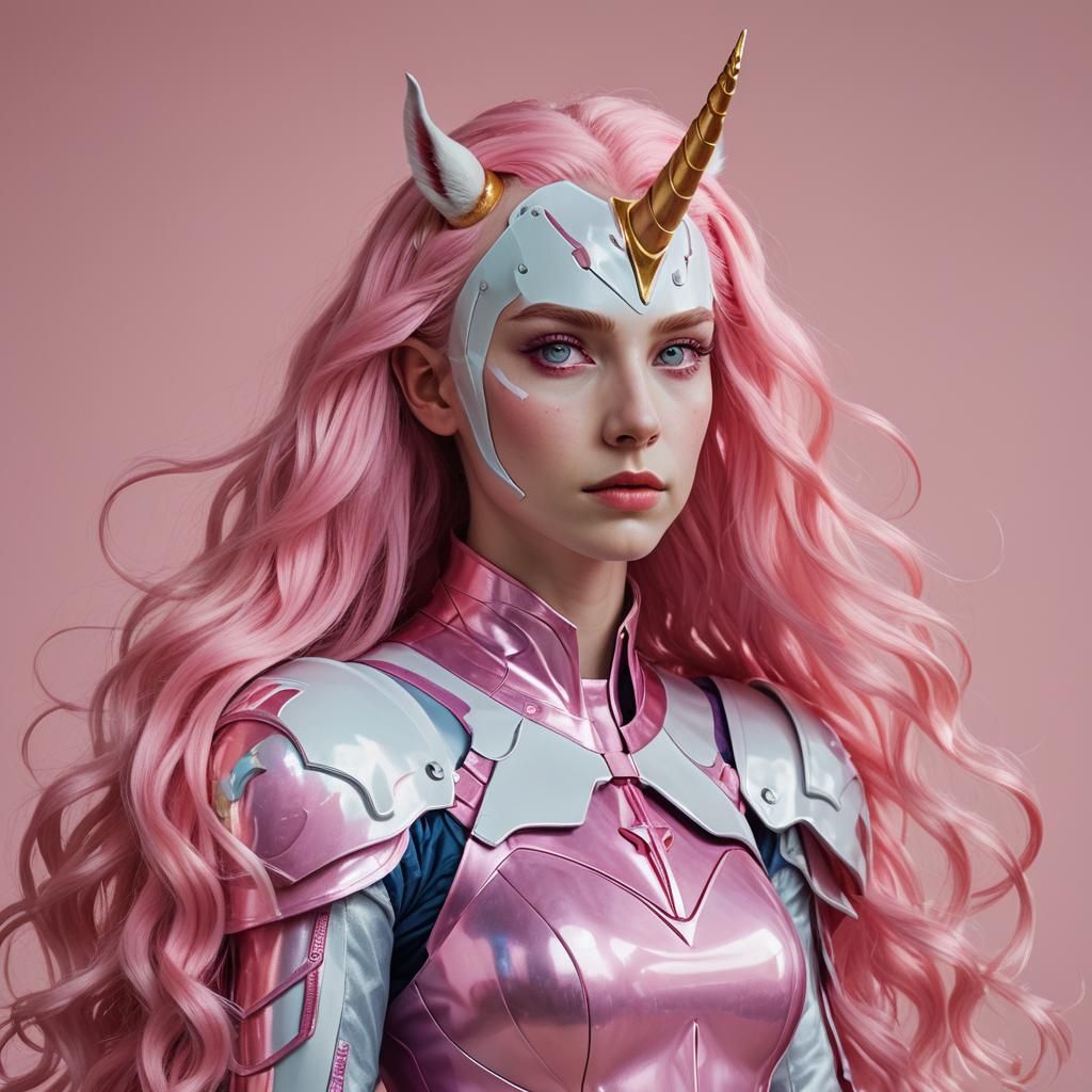 Hyperrealistic Portrait of a Pink-Haired Unicorn Superheroin...
