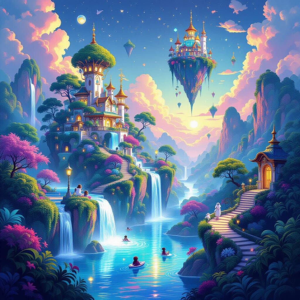 Whimsical Island of Imagination with Bioluminescent Flora