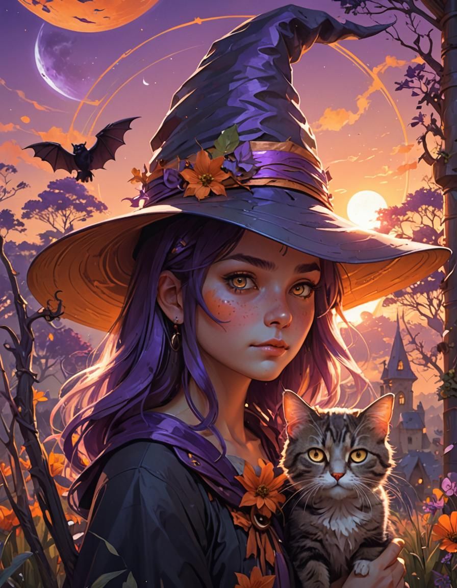 A witch looking into the sunset with her cat