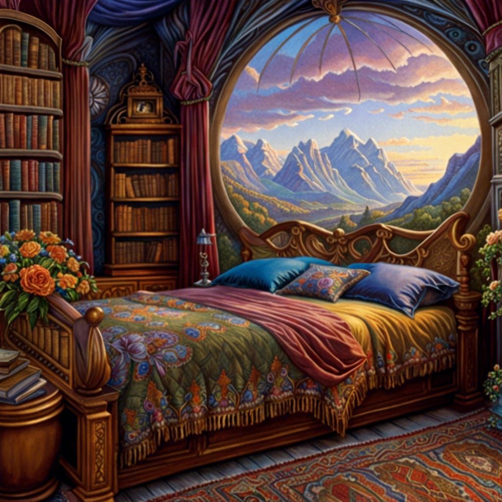 Comfortable old-fashioned double-bed in a book lover's bedroom