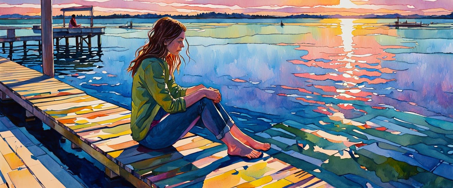 Girl on Pier in Late Afternoon Sunlight, Comic Style