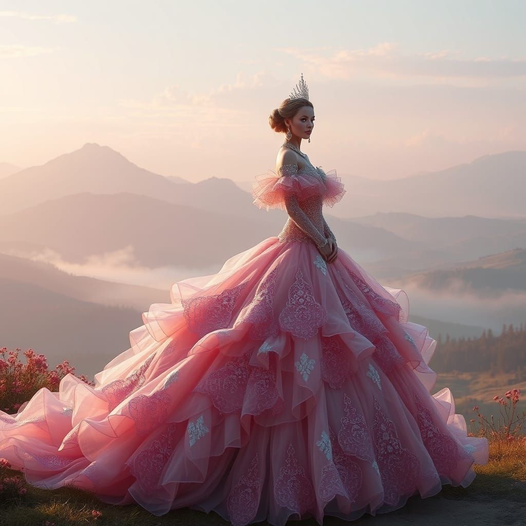 Regal Princess in Rose-Hued Gown Amidst Dreamy Landscape
