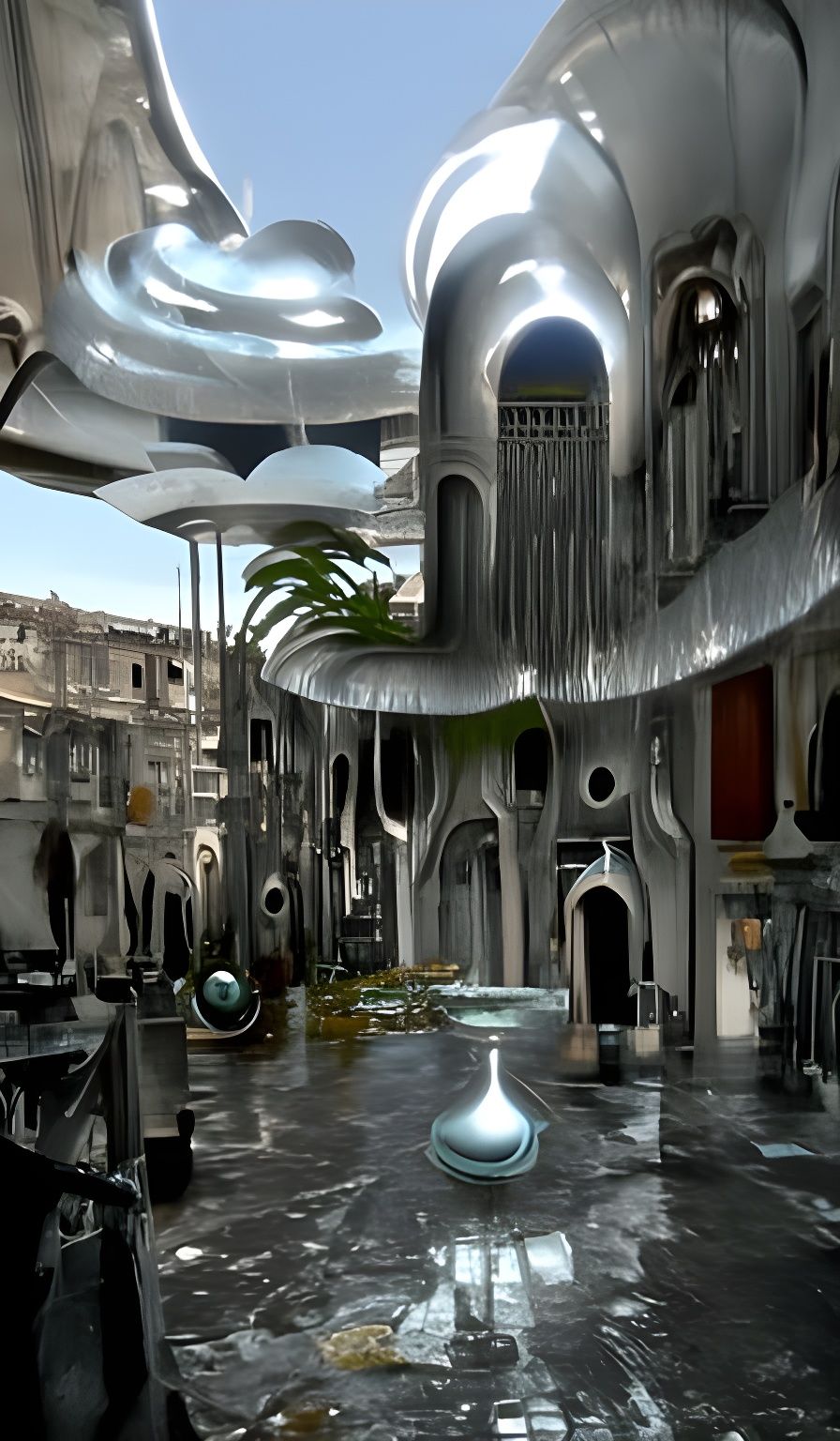 Surreal Liquid Metal Cityscape in Cel-Shaded Style