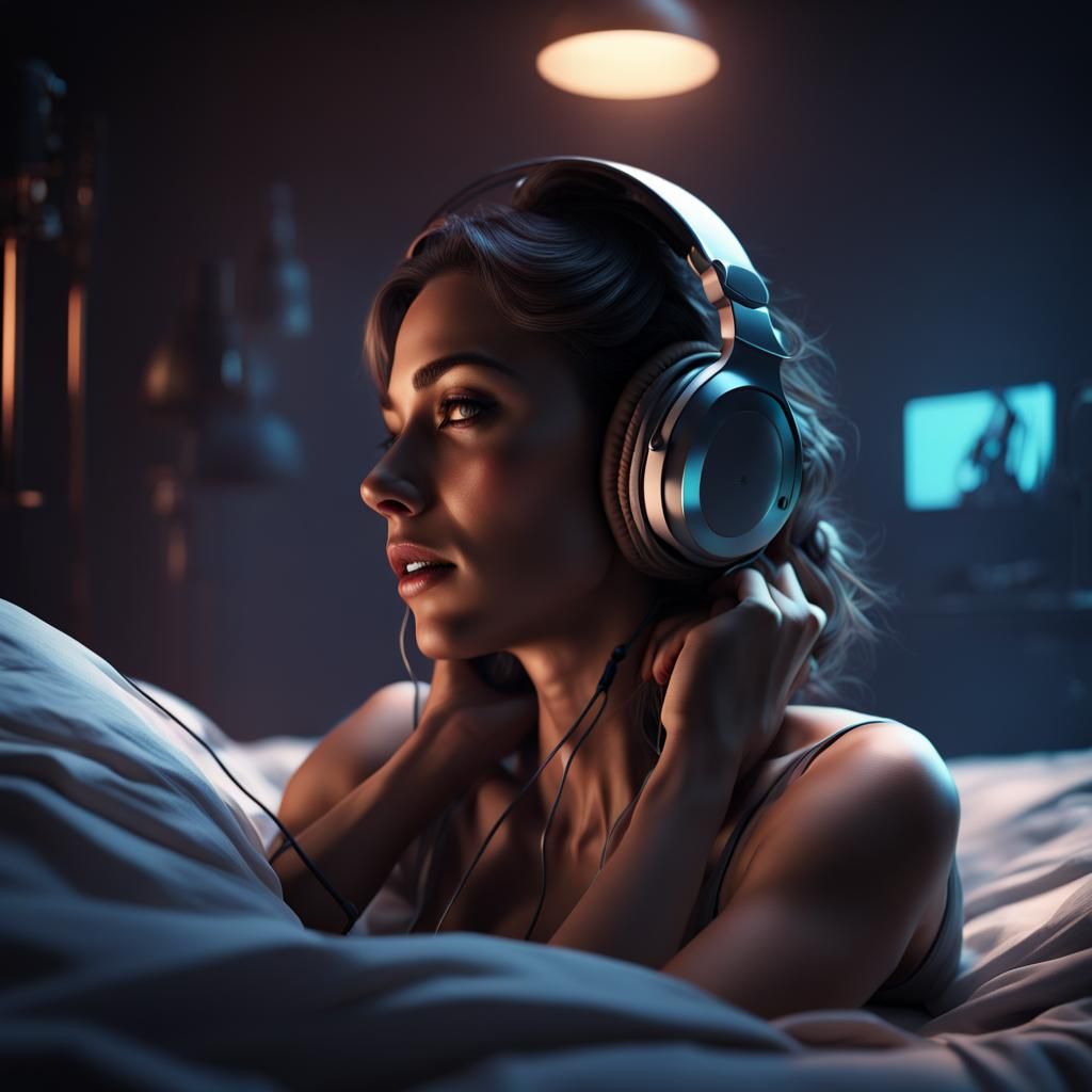 Woman Listening to Music in Dark Room: Fantasy Art