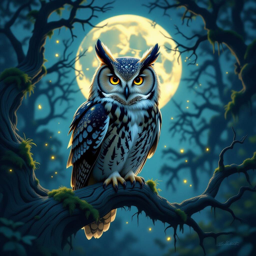 Majestic Owl with Rune Feathers in Moonlit Forest