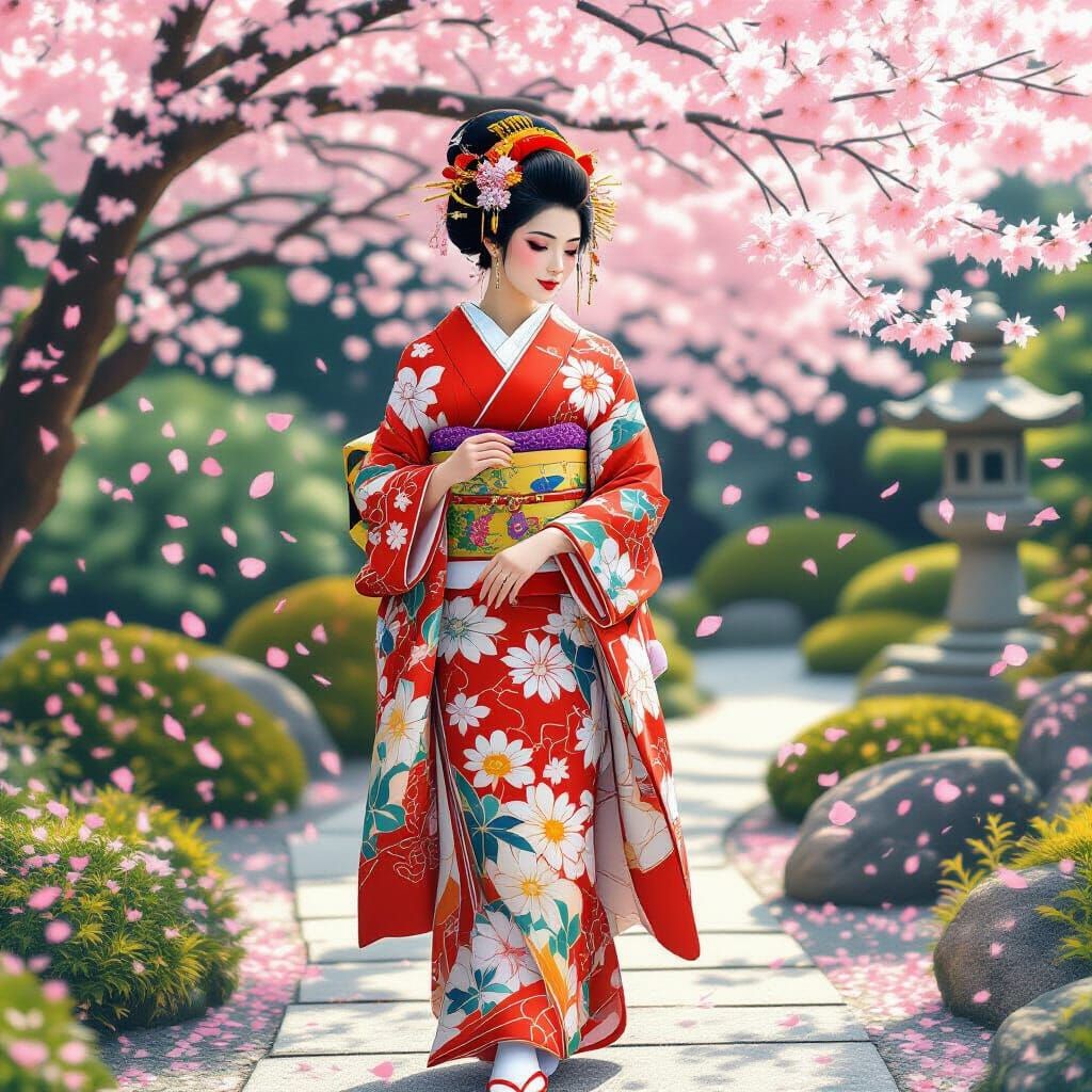 Kimono Woman in Japanese Garden, Art Nouveau Style