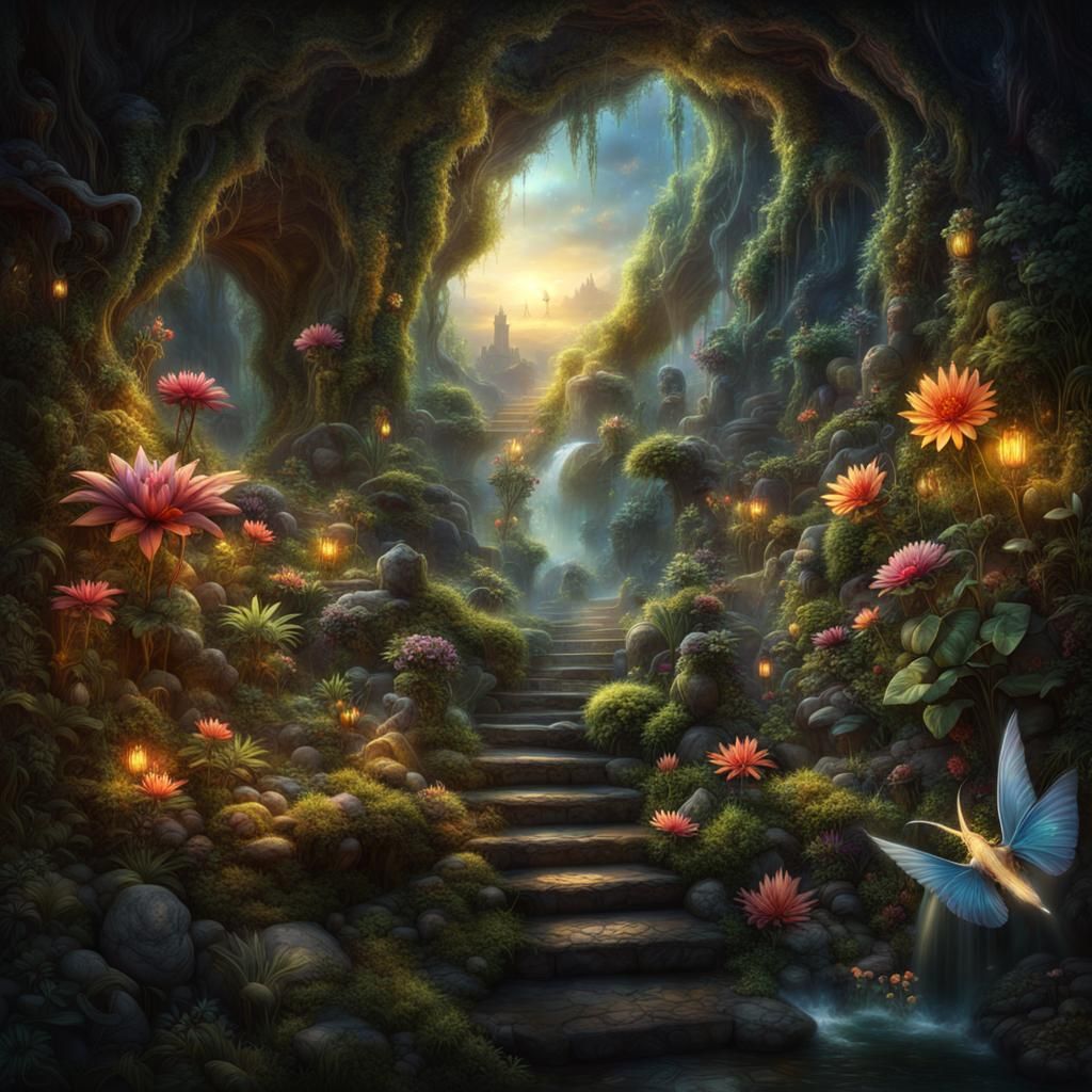 Enchanted Garden with Iridescent Creatures, Digital Art