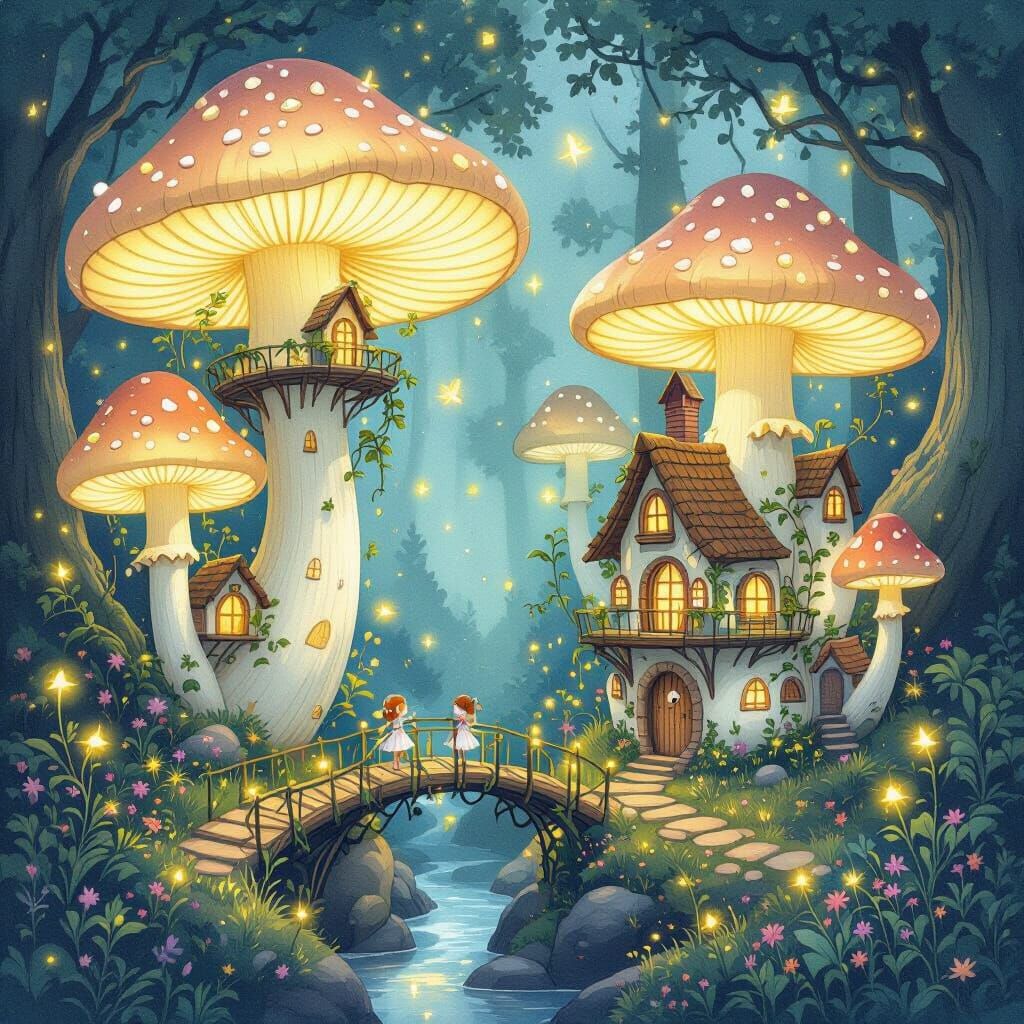 Glowing Fairy Village in Watercolor Style