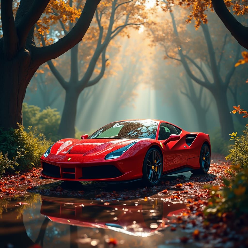Red Ferrari in Mystical Dreamlike Landscape