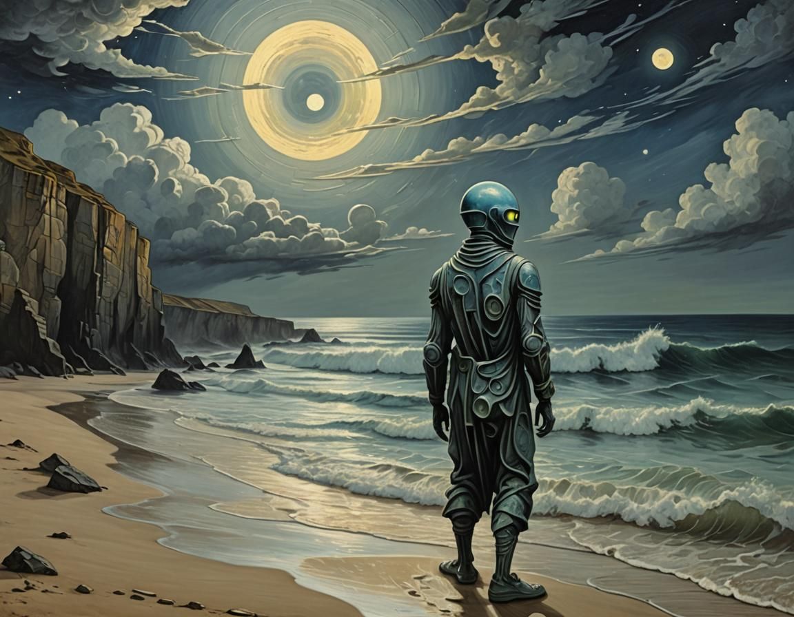 Grey Alien Silhouettes on Moonlit Beach in Cubist Style