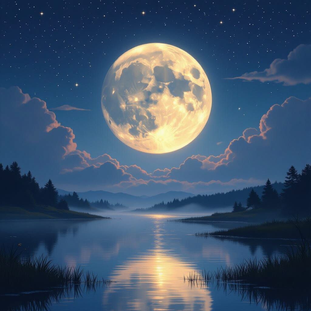 Majestic Moonrise Over Tranquil Fantasy Landscape