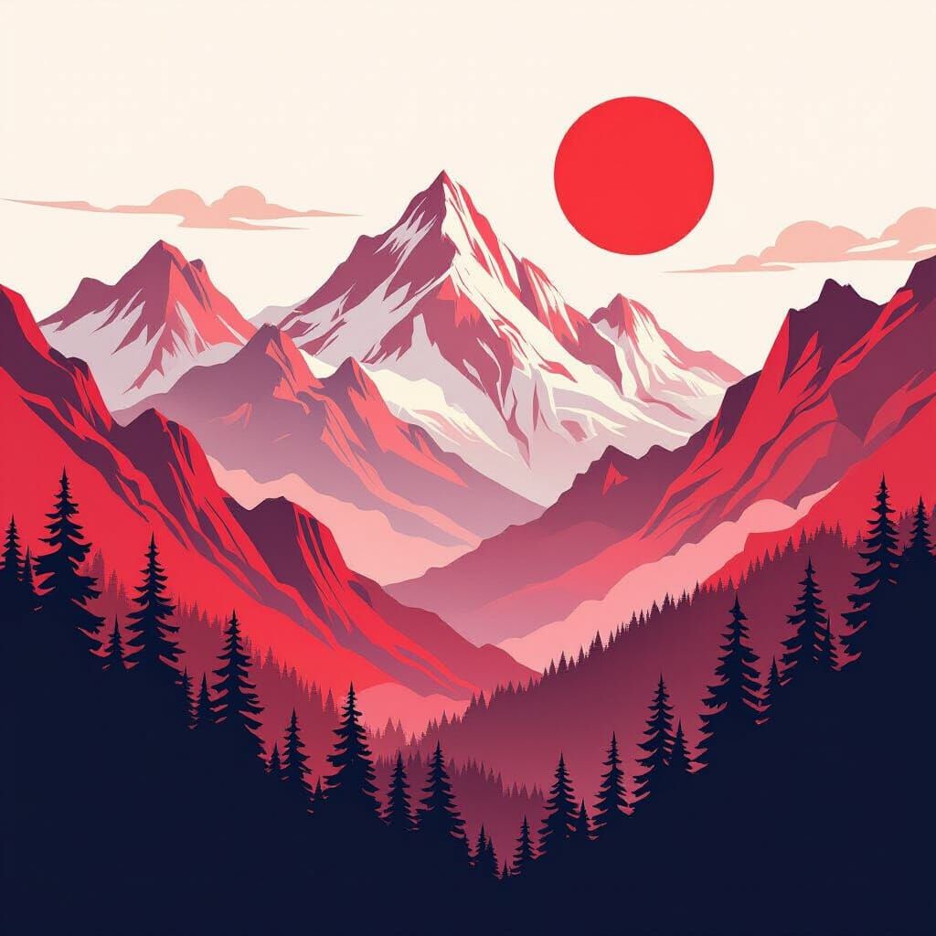 Red and White Mountain Landscape in Vector Art