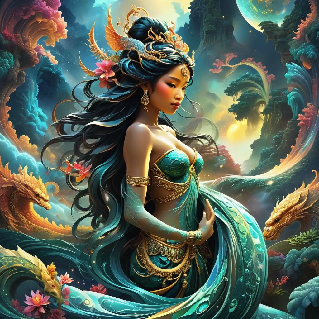 Cambodian Naga in Cosmic Digital Art Style