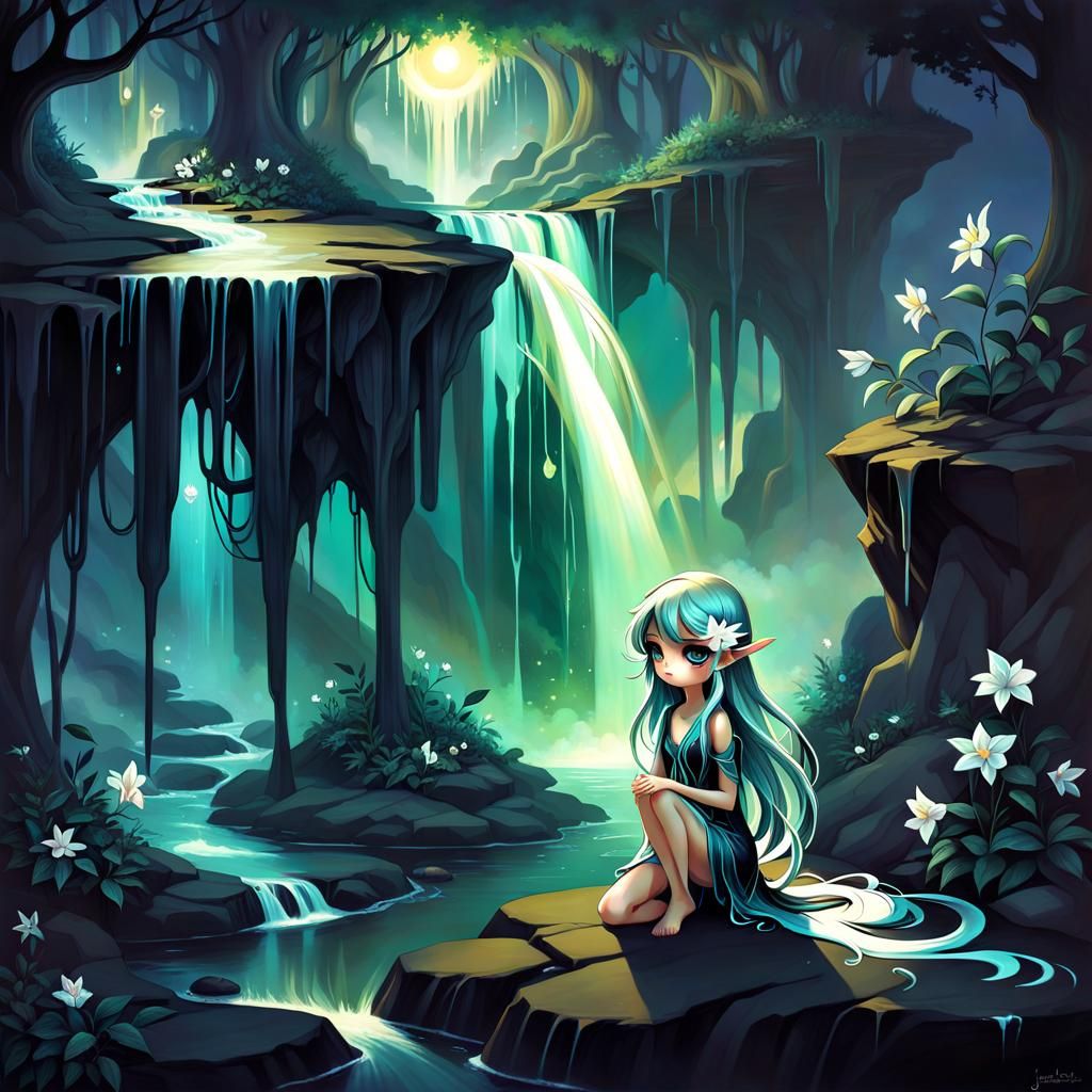 Sad Pixie Girl with Ascending Light, Fantasy Art