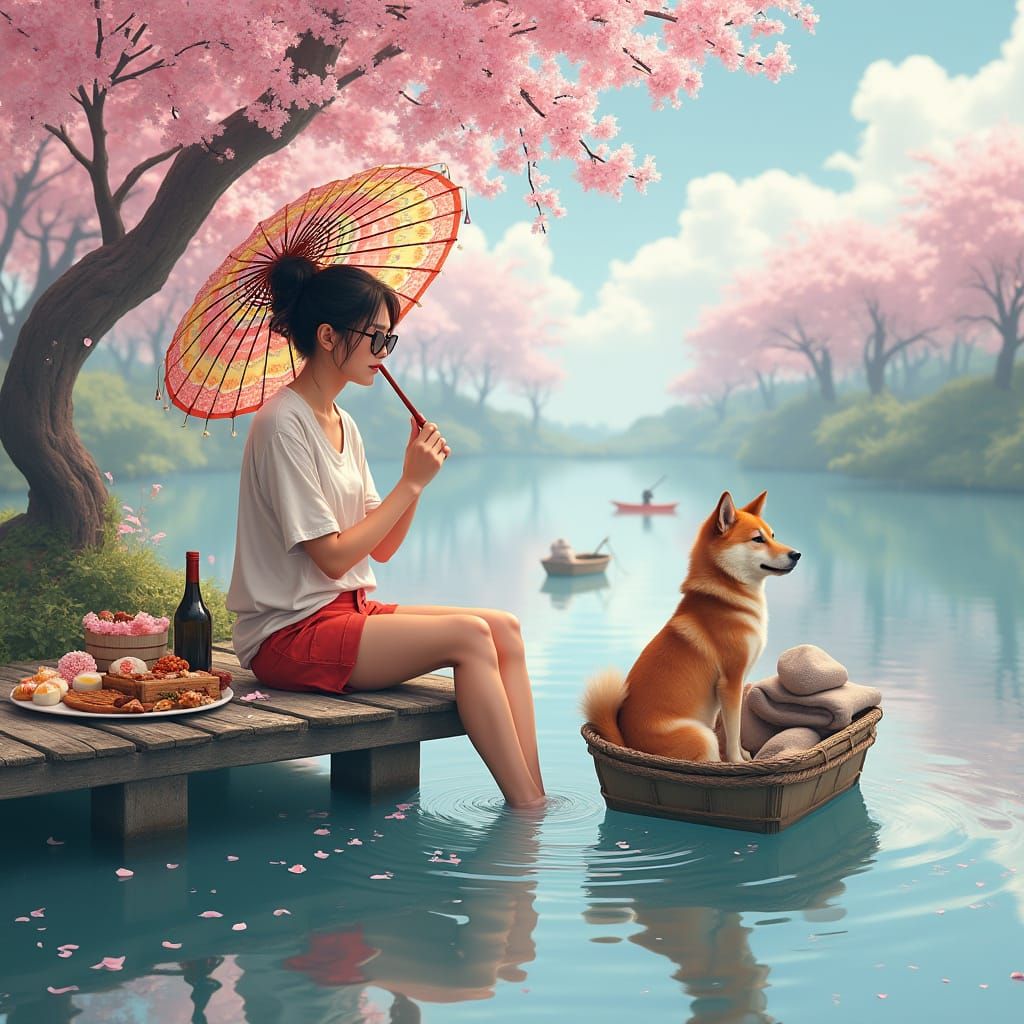 Surreal Asian Bohemian Woman on Serene Pier with Cherry Blos...