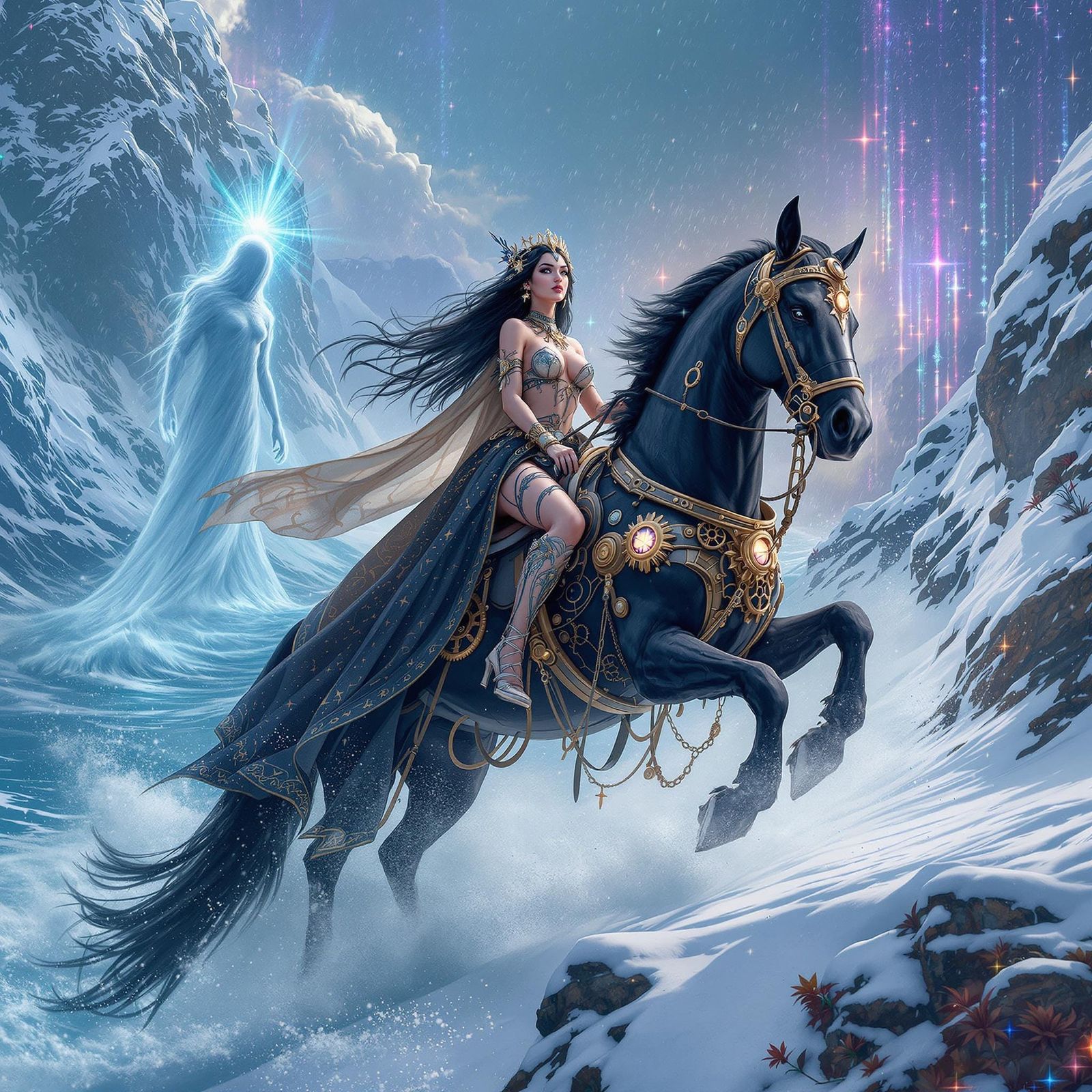 Steampunk bohemian goddess princess riding on a black stalli...