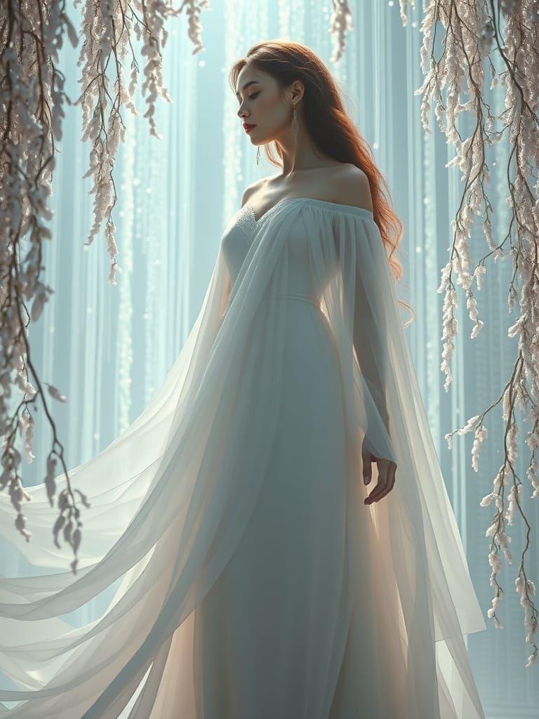 Goddess in Pearl Rain: Ethereal Digital Matte Painting
