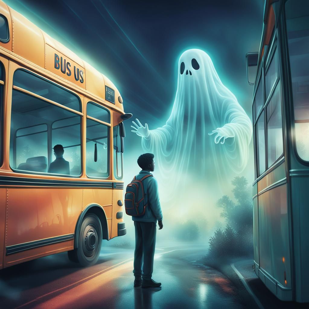 Boy and Bus Driver Ghost in Dreamlike Digital Art
