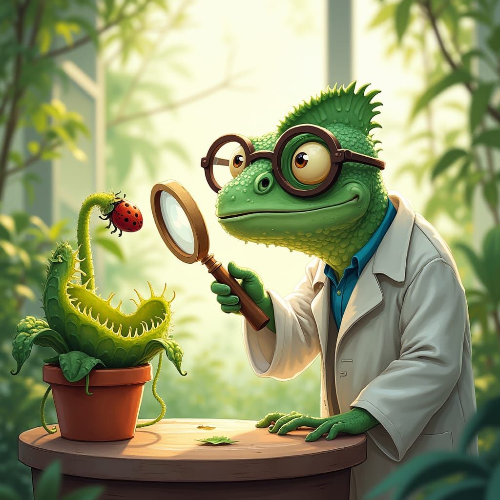 Cartoon Chameleon Scientist Studies Venus Flytrap in Waterco...