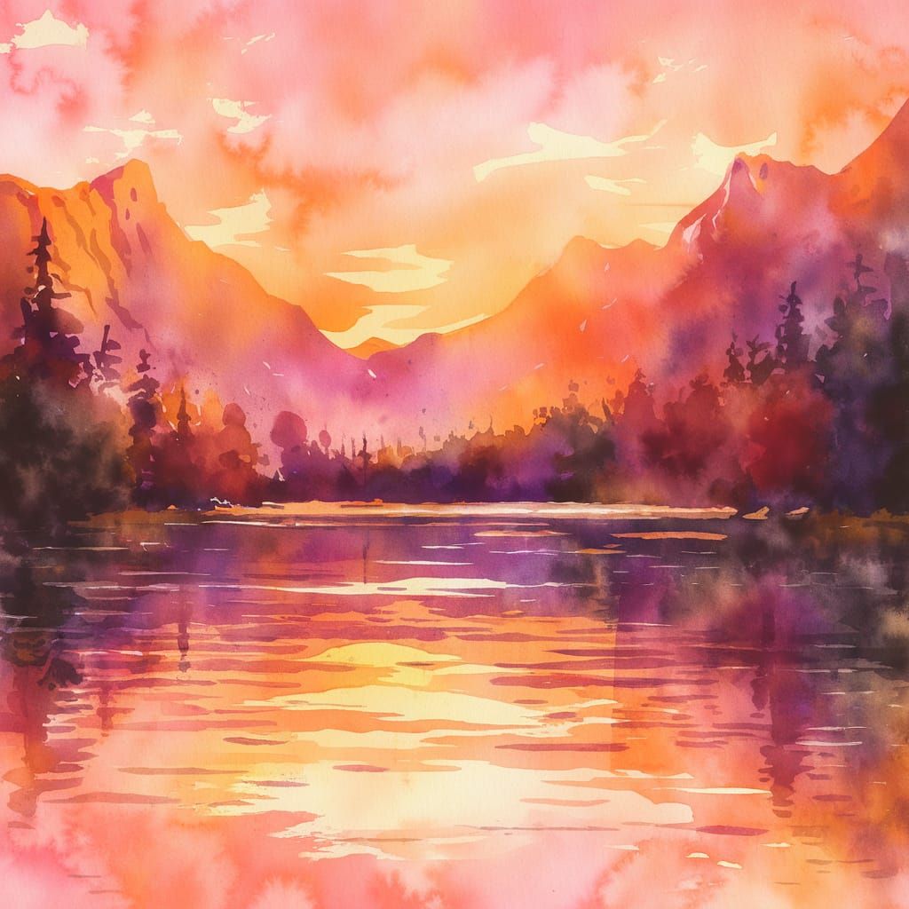 A watercolor painting of a beautiful wilderness mountain lak...
