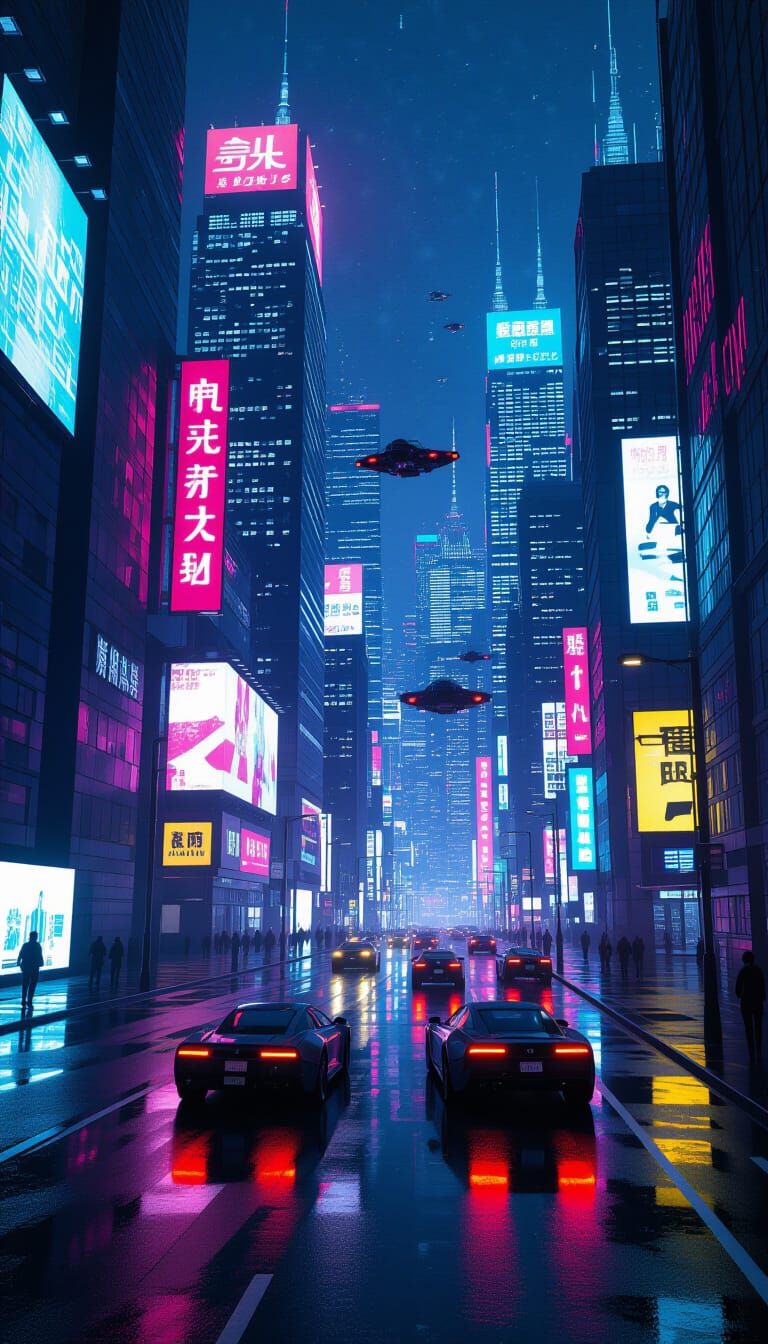 Cyberpunk Metropolis at Night: Neon and Flying Cars