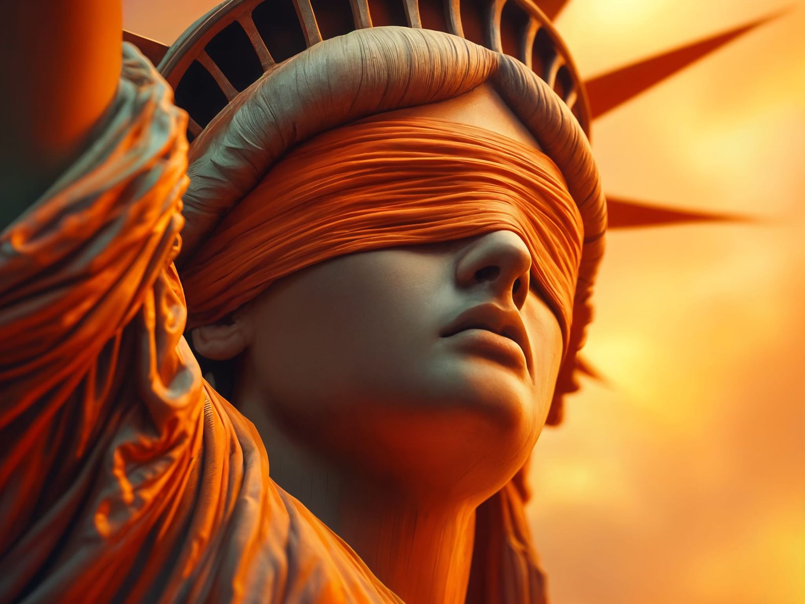 The Statue of Liberty in Vibrant Orange Blindfold, Futuristi...