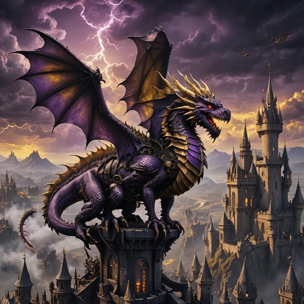 Steampunk Dragon Perched Atop Dark Castle