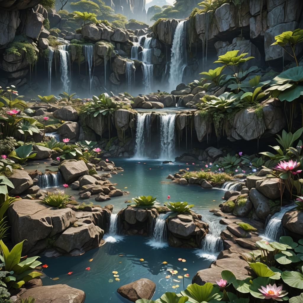 Waterfall Oasis: A Detailed Matte Painting in 8K
