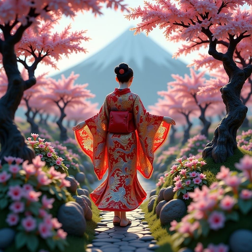 Woman in Kimono in Mystical Forest, Oil Painting