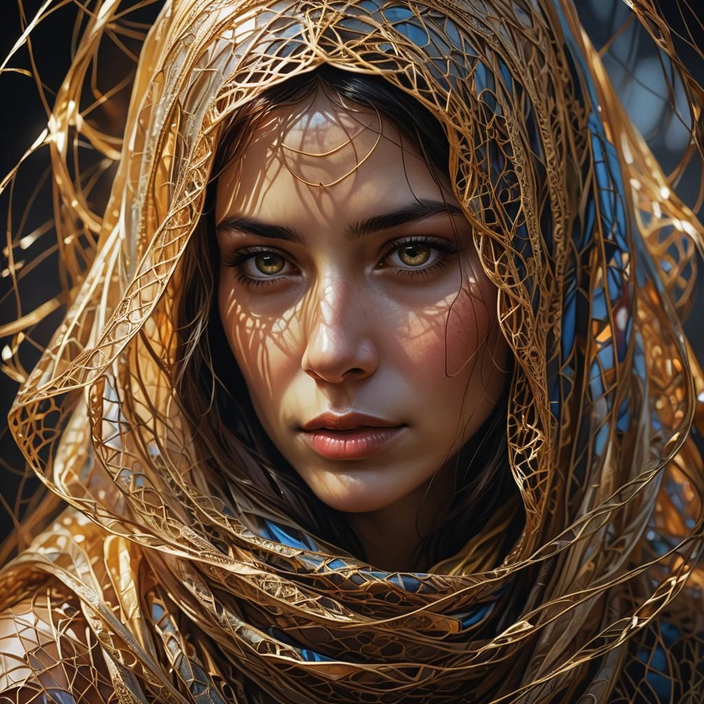 Woman with String Veils: Hyper-Realistic Digital Art