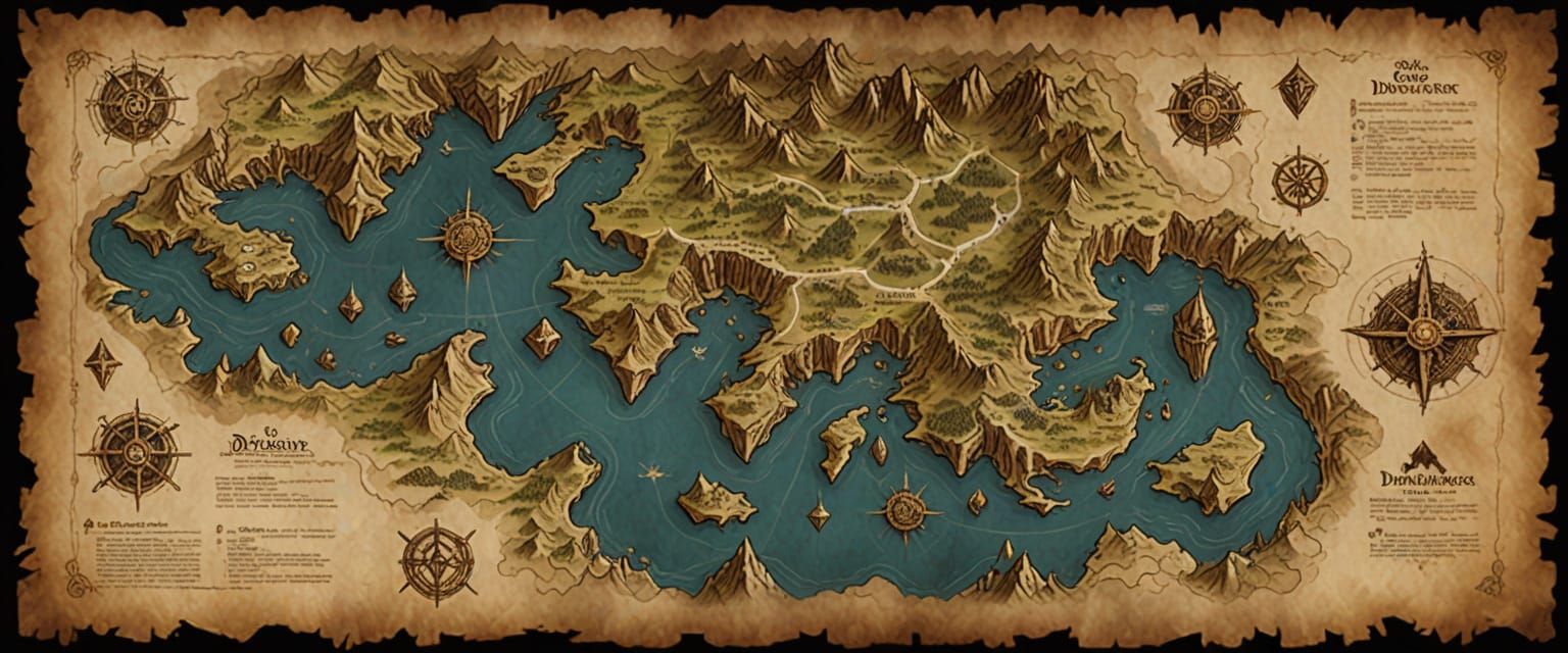 Fantasy World Map Schematic in Detailed Digital Matte Painti...