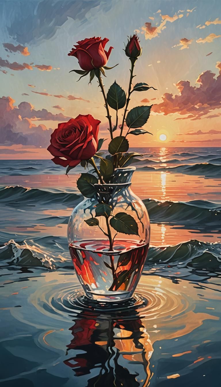 Red Rose Sunset: Impressionist Gouache Style