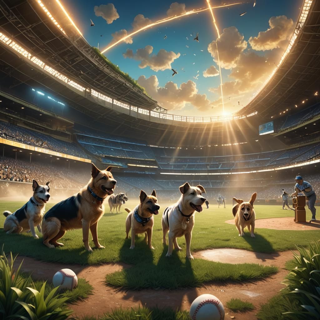 Dogs Play Baseball in Magical Stadium: Digital Matte Paintin...