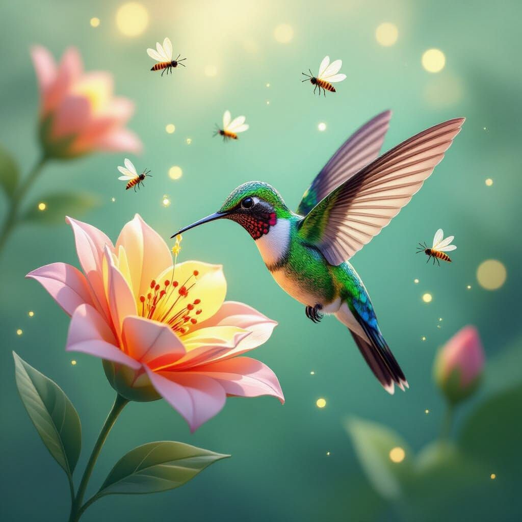 Neon Hummingbird with Origami Flower, Magical Realism