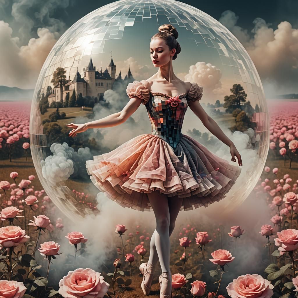 Pixelated Ballerina in Rose Field, Digital Art