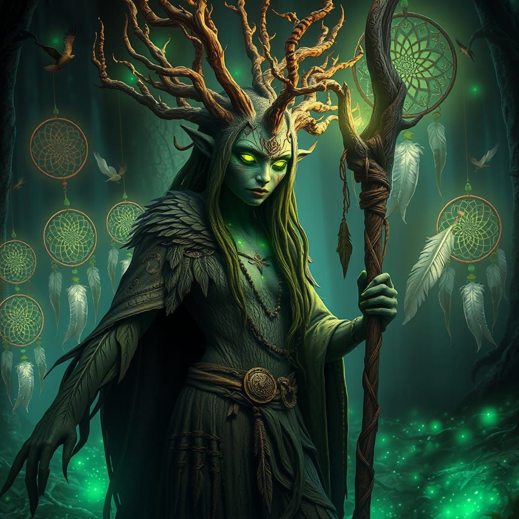Mystical Shamanic Dryad in Bioluminescent Forest