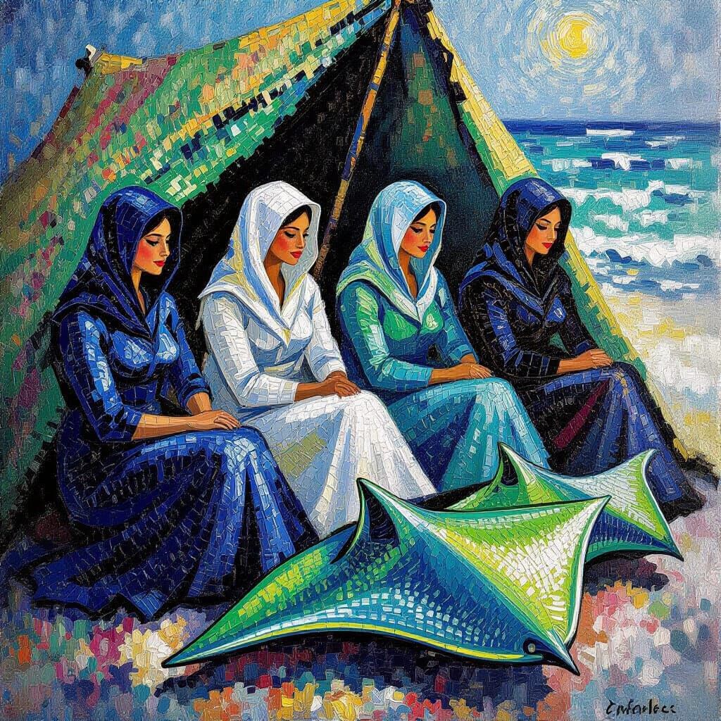 Neo-Impressionist Stingray Riders in Textured Acrylic