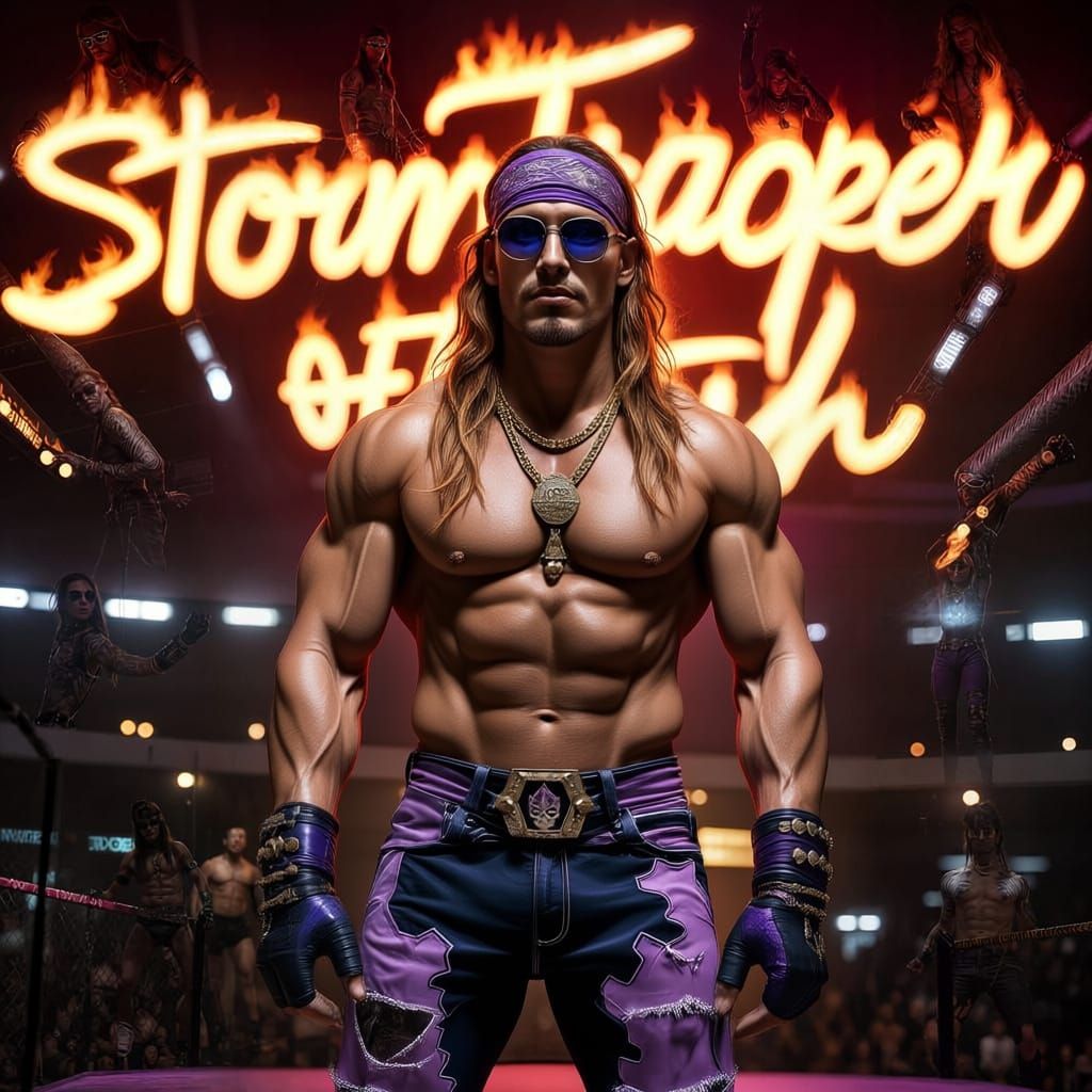 Muscular Wrestler with Flame Tattoos in Neon Steel Cage