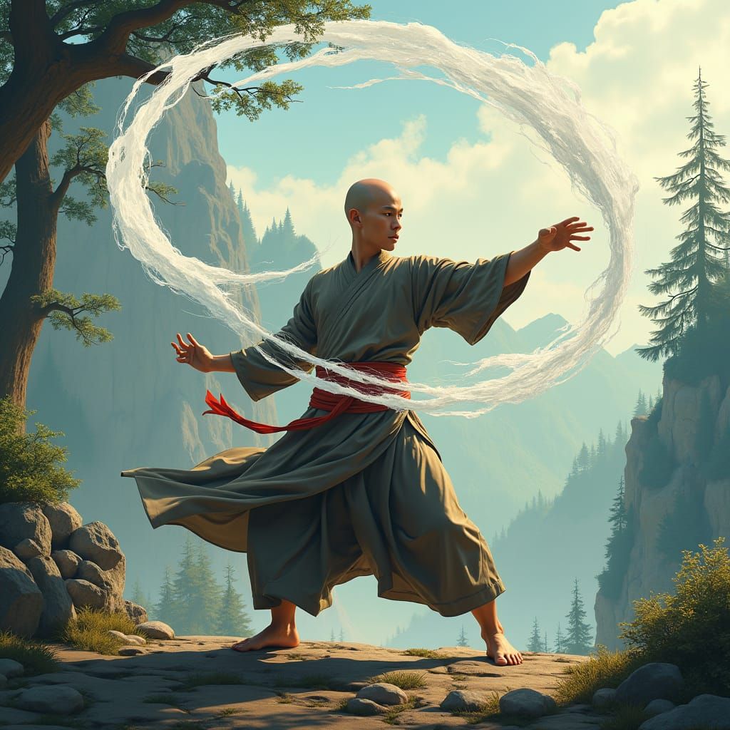 Young Bald Monk Controls Wind Energy
