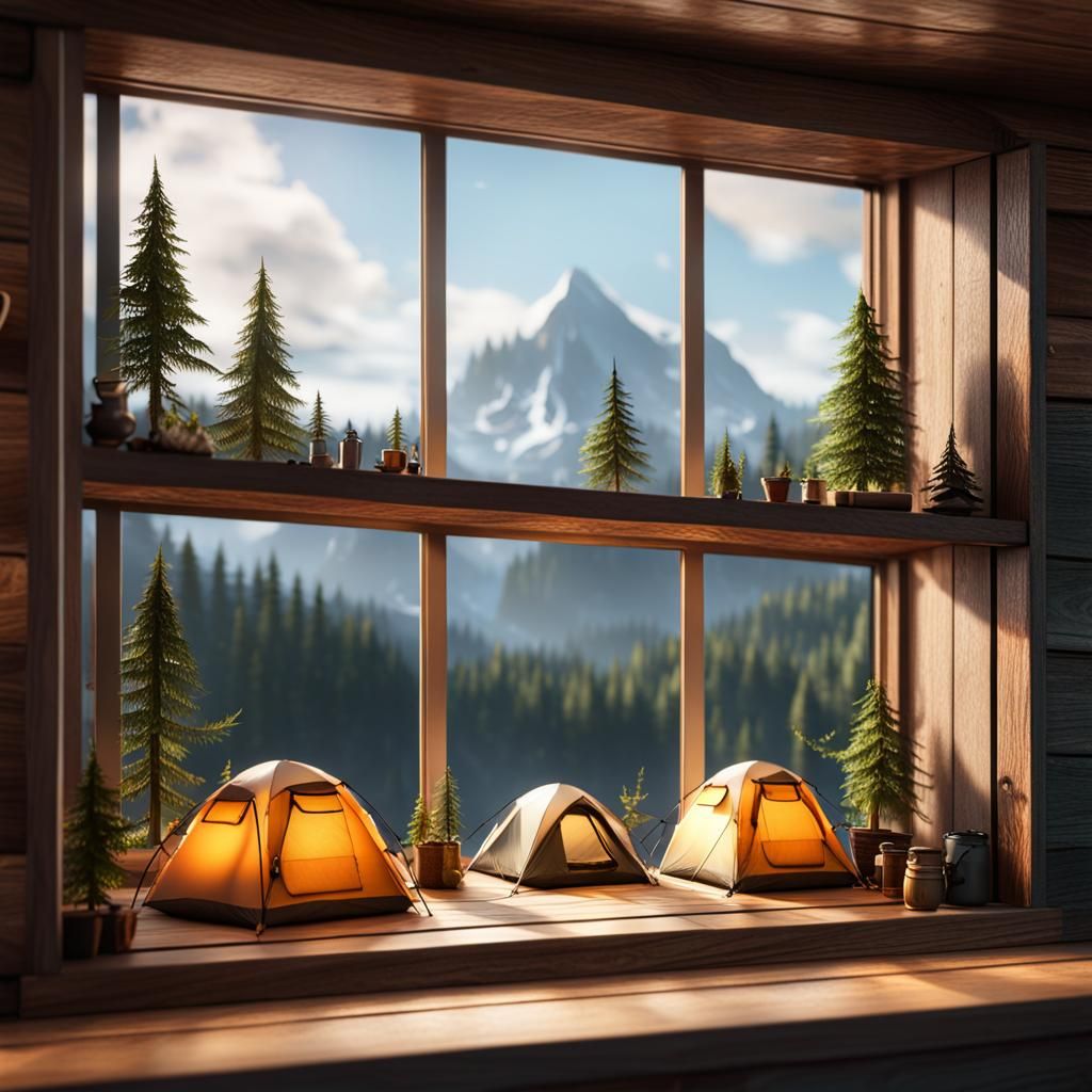 Miniature Camping Tents on a Window Shelf in 3D