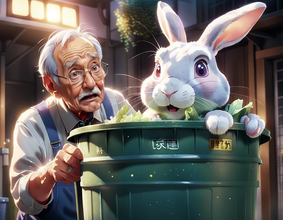 Elderly Janitor Finds Magical Rabbit in Anime Style