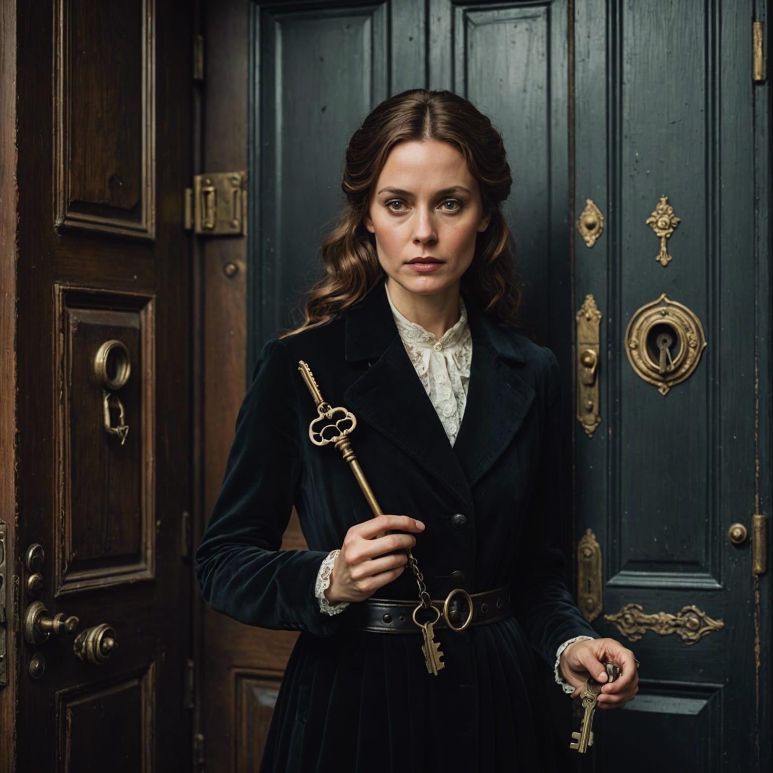 Mysterious Woman with Keys Before a Door