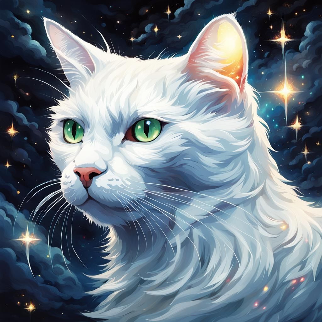 Ethereal White Cat in Night Sky