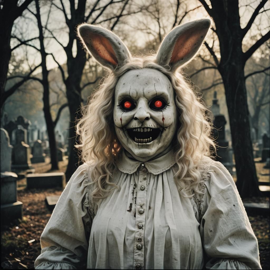 Creepy Angora Bunny in Cemetery: Oil on Canvas