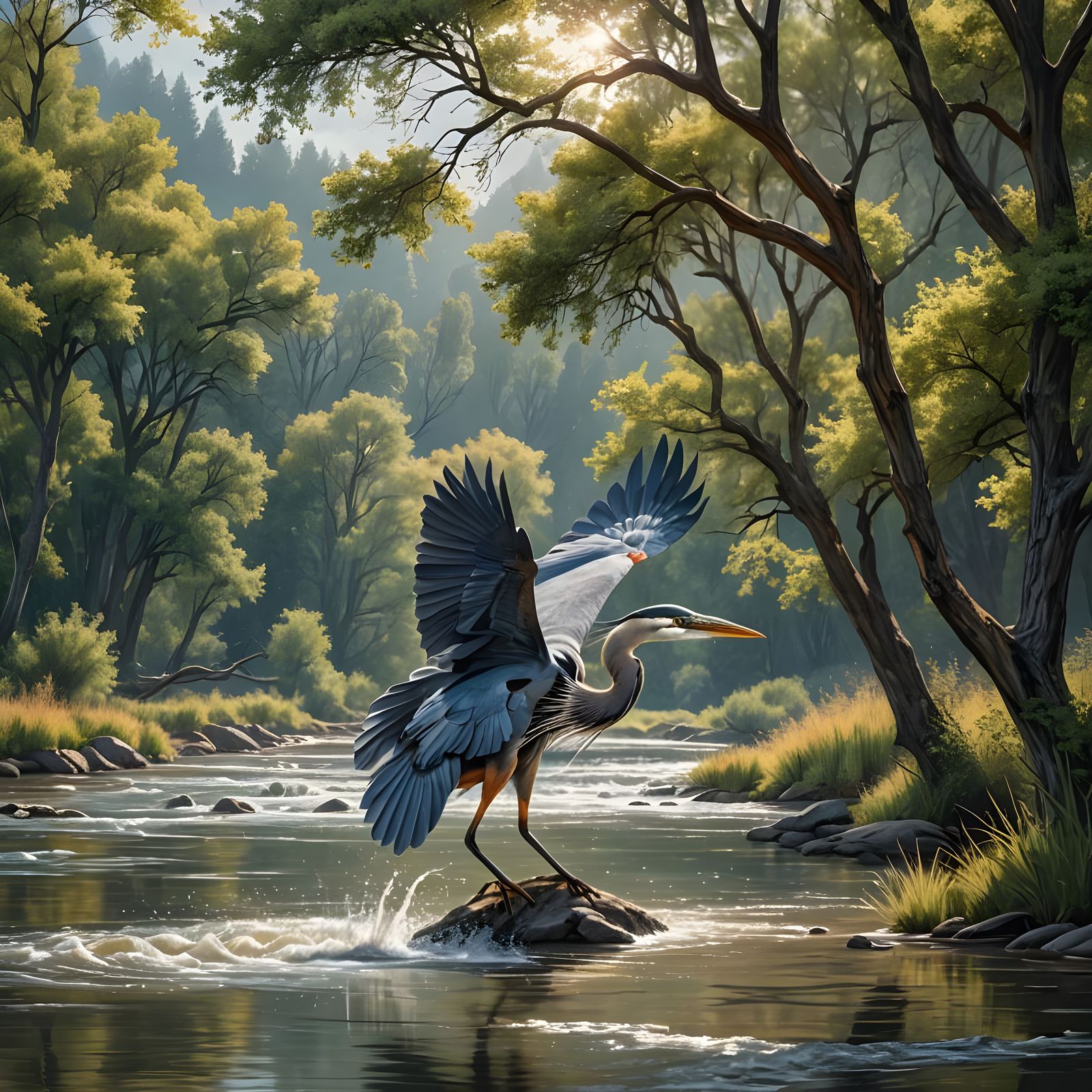 Heron Bird Catching Fish in River: Mixed Media