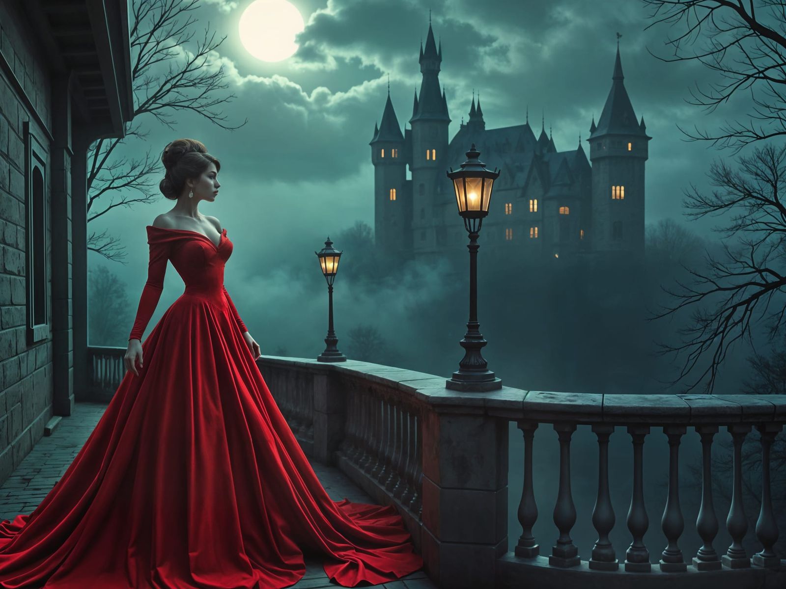 Gothic Vampire Queen on Moonlit Balcony