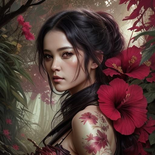 Ninja in Hibiscus Garden: Dark Fantasy Art